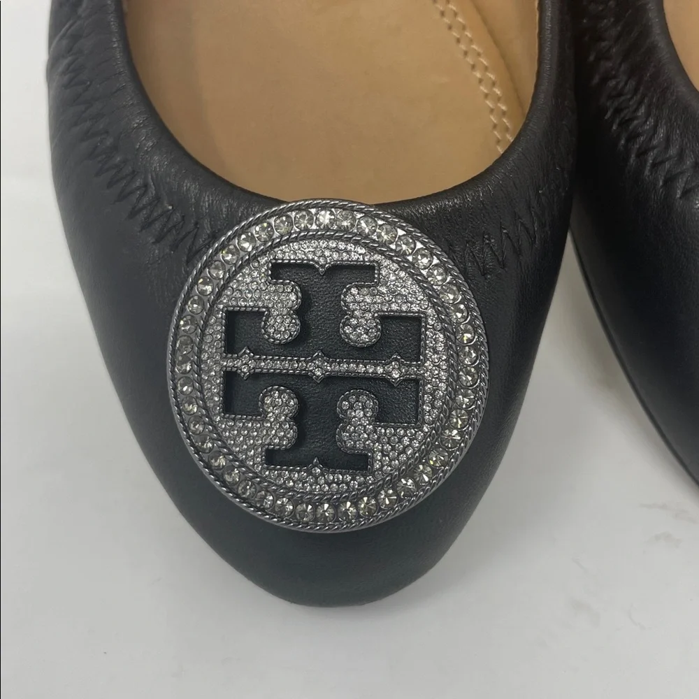 Tory Burch Black Ballet Flats with Silver Rhinestone Logo Size 6.5